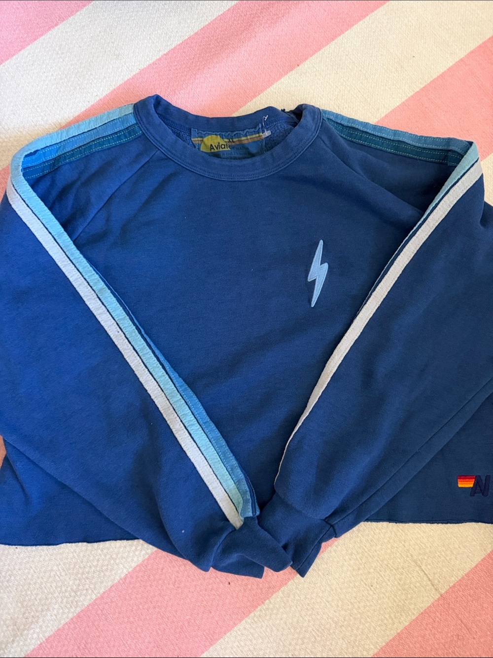 Aviator Nation Navy Crewneck Sweatshirt with Light-Blue Stripe Details
